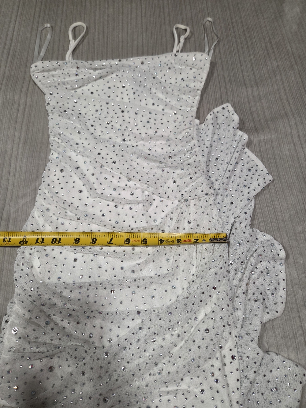 Women's White Rhinestone Ruched Mini Dress - Picture 6 of 8